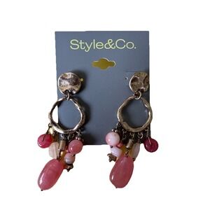 Style & Co. Hammered Gold Tone/pink Stone Post Back Dangle Earrings New E2-10